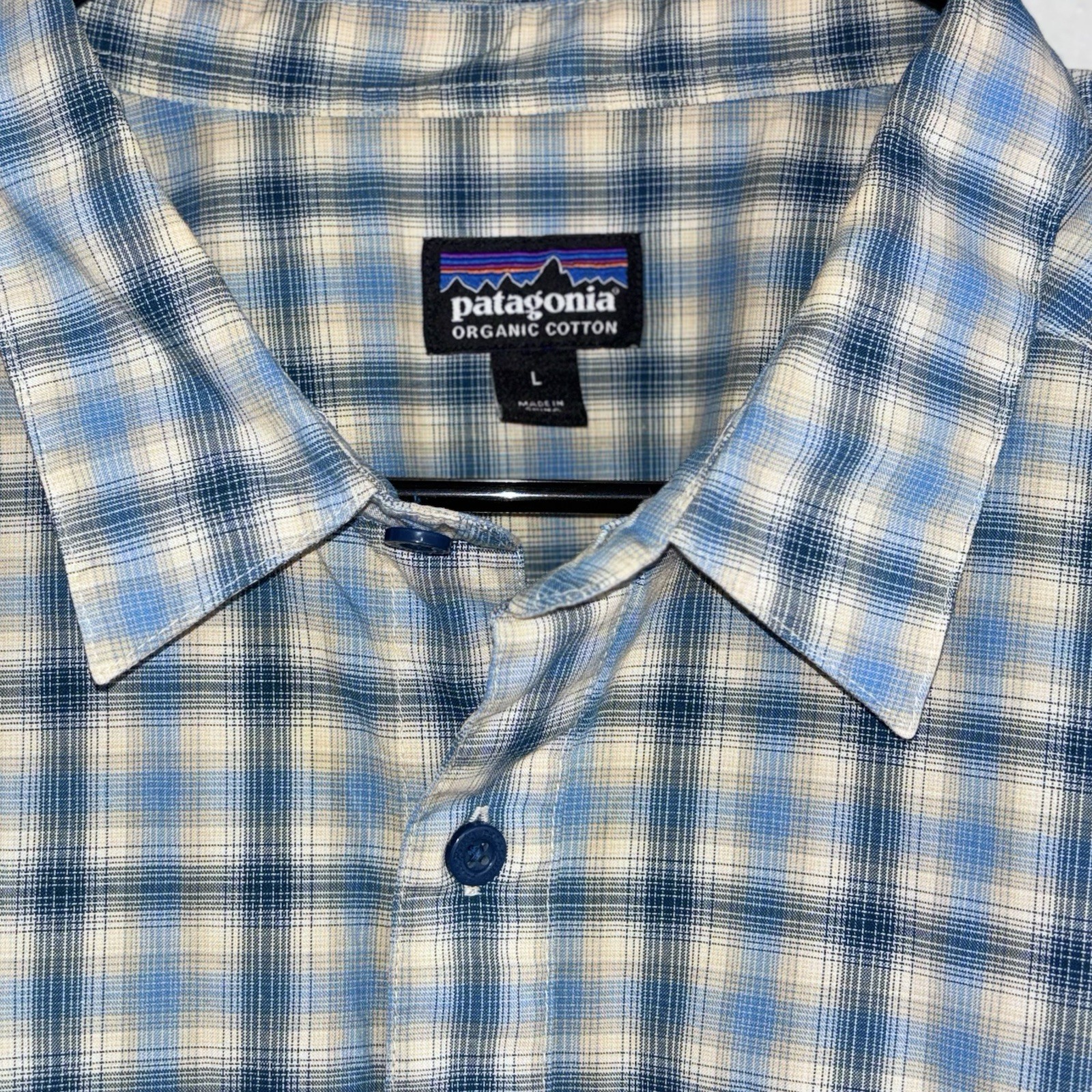 Patagonia Organic Cotton Button Shirt Shirt Men\'s Size Large Blue Plaid Pocket Patagonia Organic Cotton Button Shirt Shirt Men\'s Size Large Blue Plaid Pocket