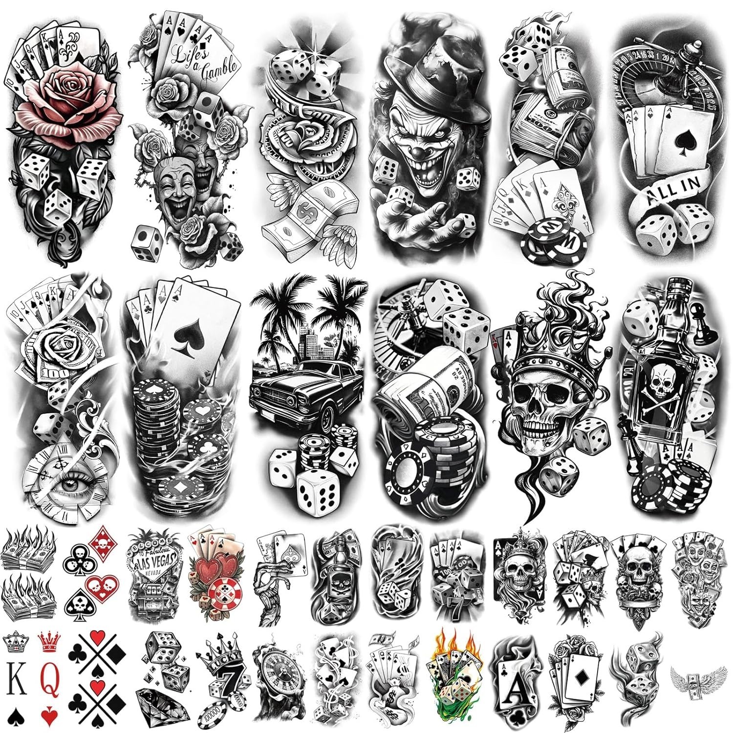 77 Sheets Casino Temporary Tattoo for Women Men, 17 Sheets Half Arm Large Pok