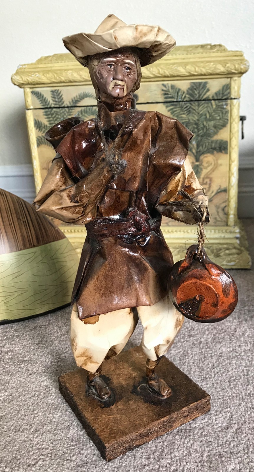 Rare Mexican Folk Art Papier-Mâché Merchant Figure with Miniature Wooden Vessels