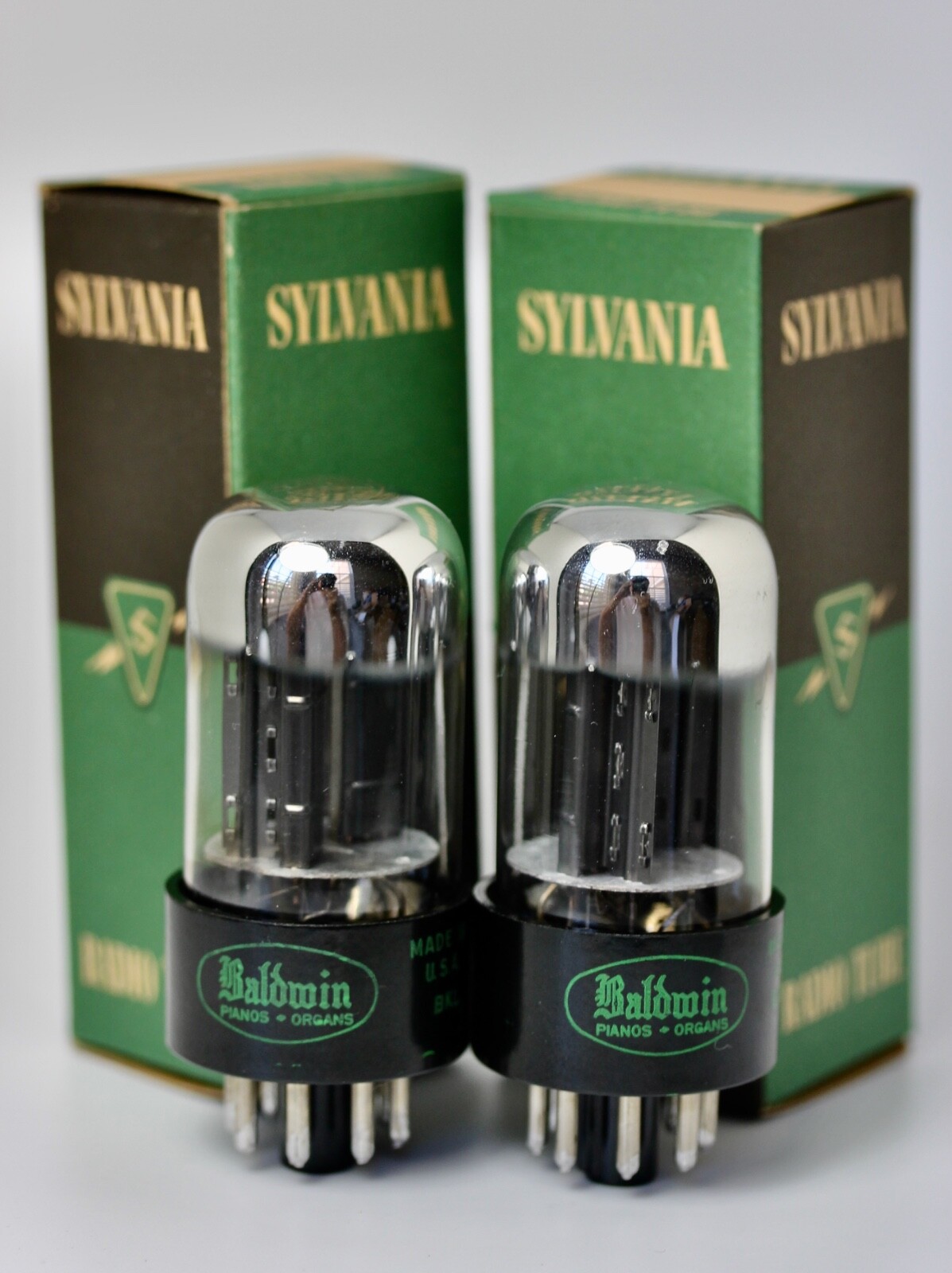 6SN7-GTB BEST CHOICE SYLVANIA USA CHROME-TOP MATCHED PAIR BLACK-PLATE TUBES