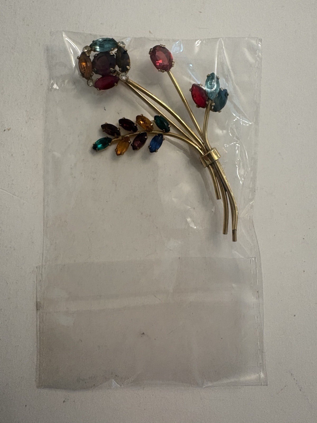 NOS Vtg 1940s Coro Sterling Silver Floral Spray Brooch Multi Color Rhinestone