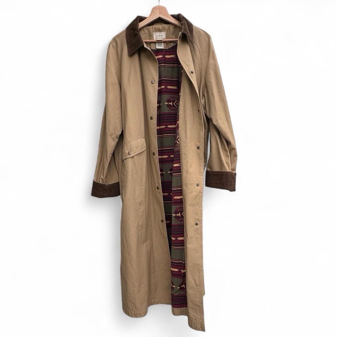 Vtg Ll Bean Trench Chore Coat XL Aztec Blanket Lined Long Jacket Gorp Granola 90