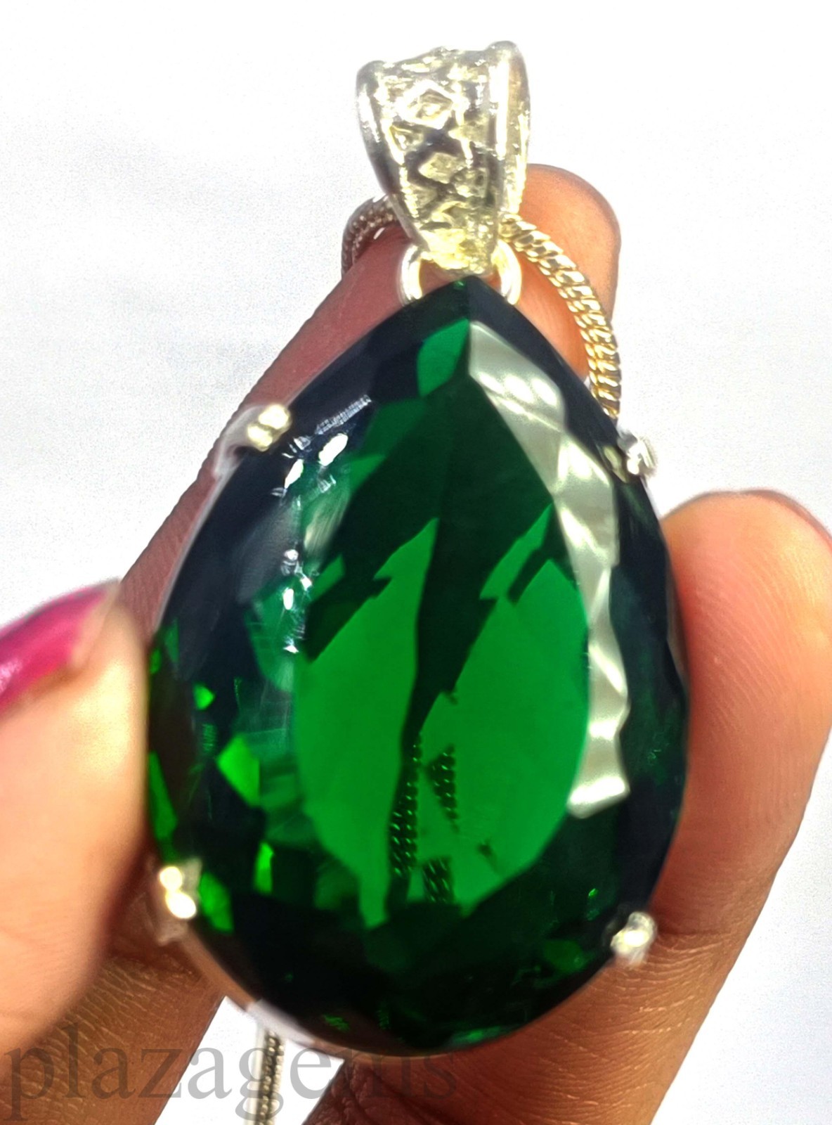Genuine 92 Ct Natural Green Emerald Pear Cut Pendant 925 Sterling Silver 6GGC