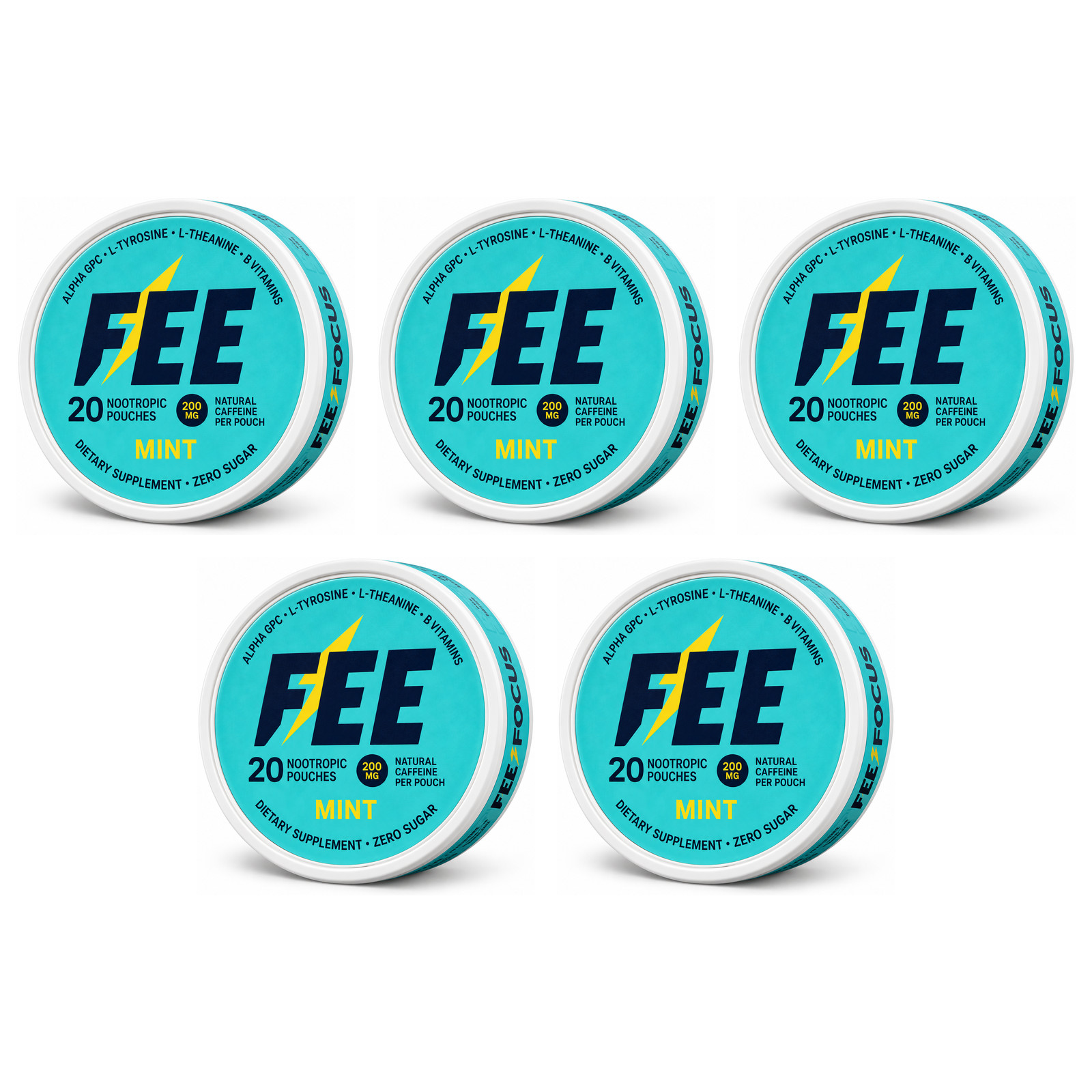 FEE Caffeine Pouches 5 Cans 100 Count 200mg Mint Nicotine Free Energy Focus