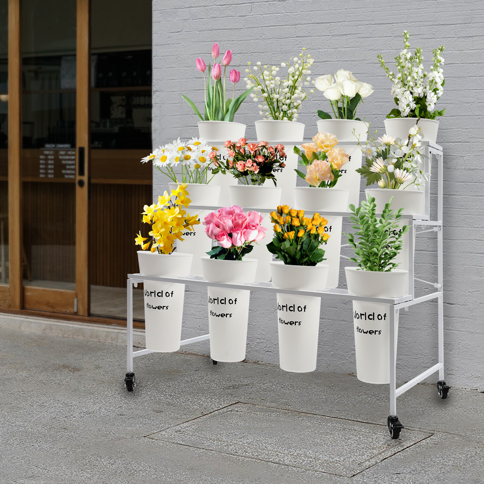 3 Tier Moving Shelf Flower Display Stand Metal Flower Display Rack + 12 Buckets