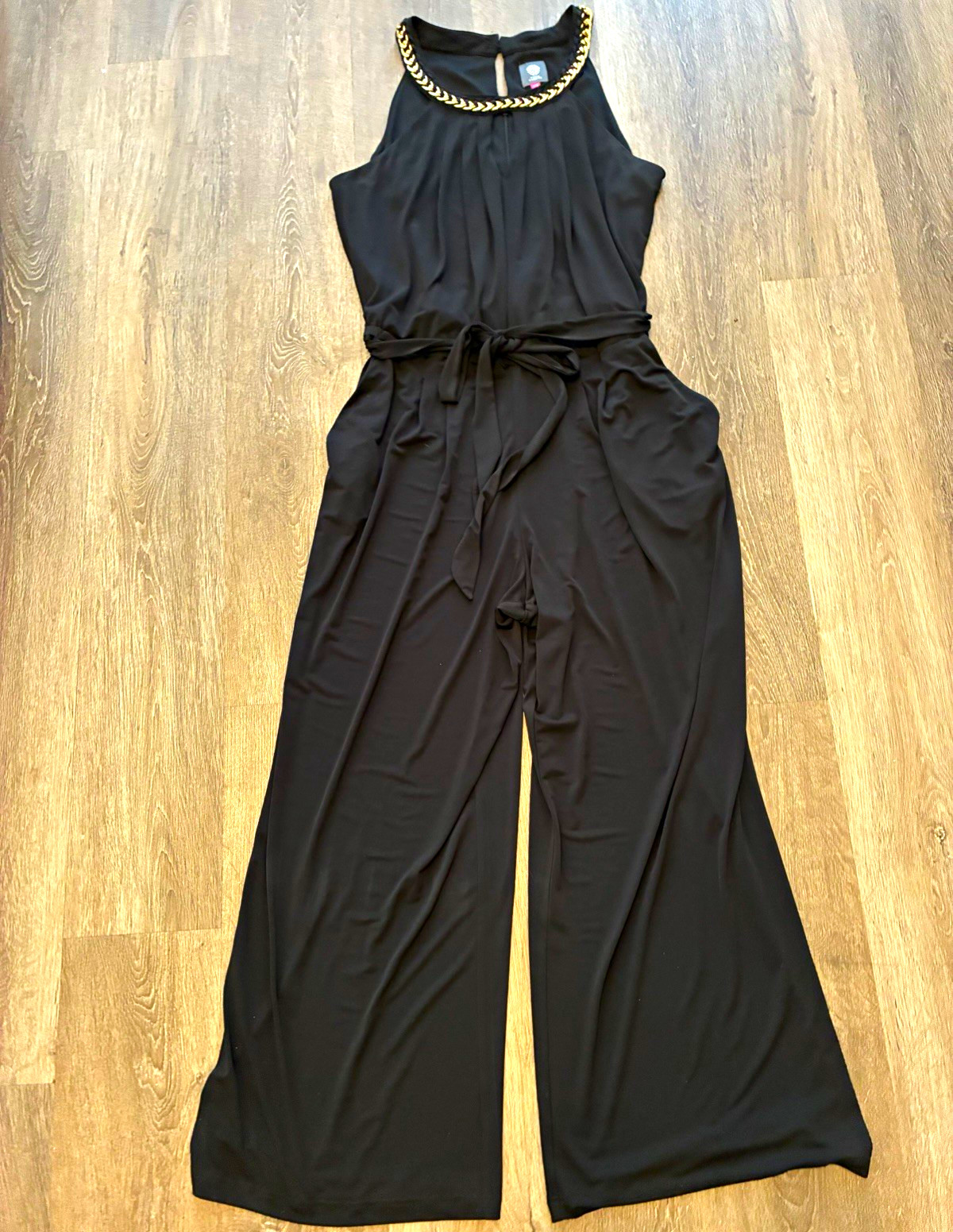 Vince Camuto Plus 16W Black/Gold Sleeveless Wide-Leg Jumpsuit Chain Neck