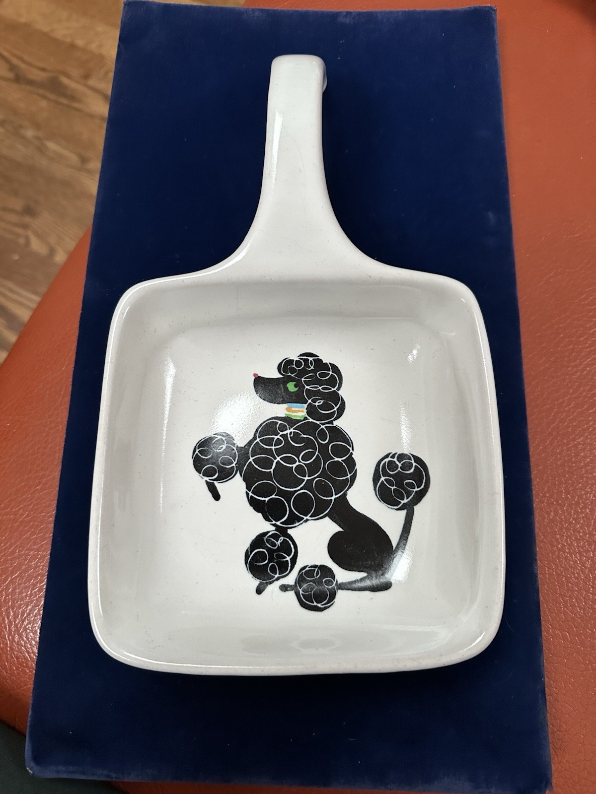 Glidden Art Pottery 027 Aqua Curly Poodle Handled Dish Mid Century MCM Bakeware