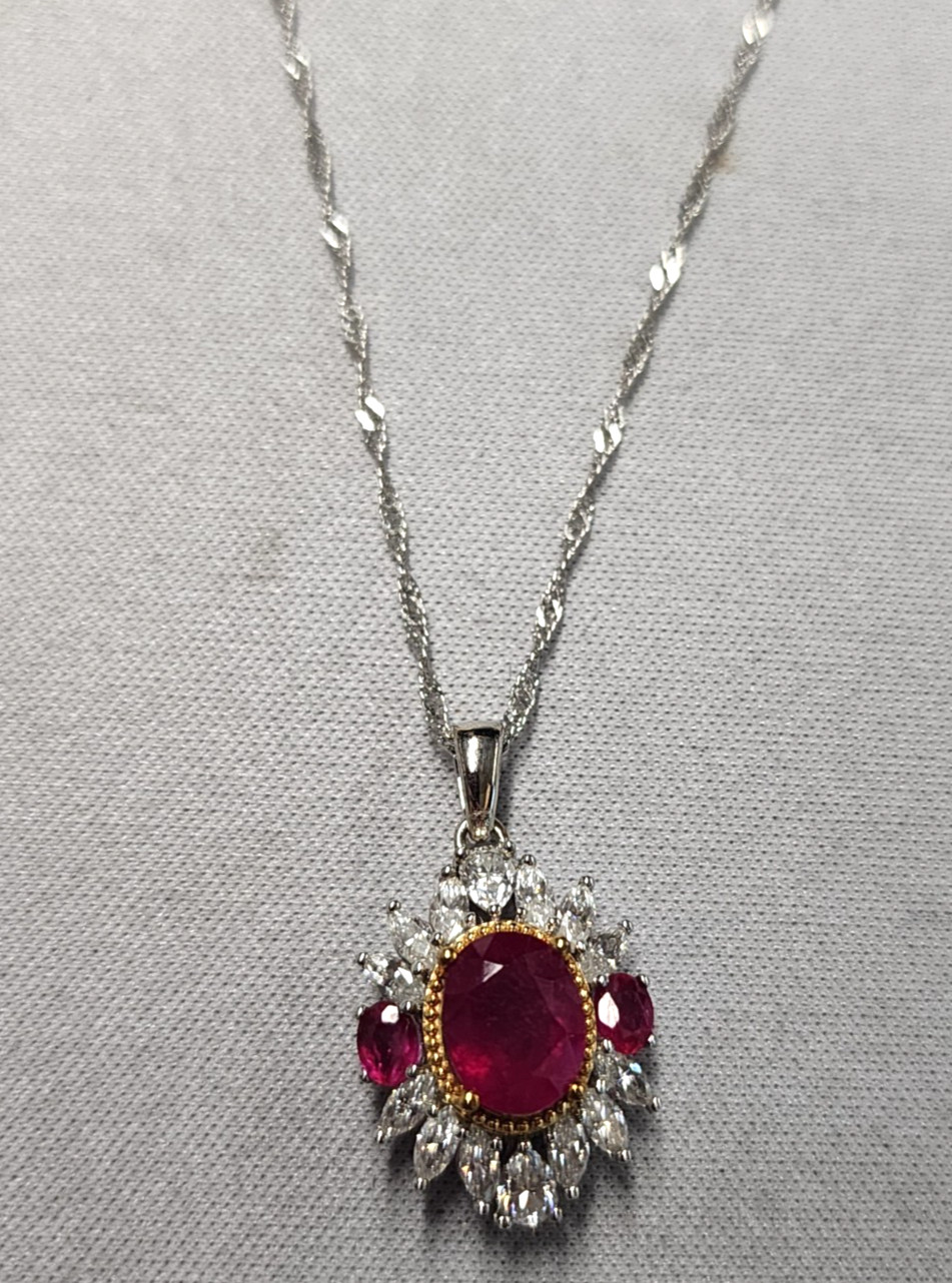 Jtv Mahaleo Ruby with White Moissanite Sterling Silver Pendant/Chain 18\