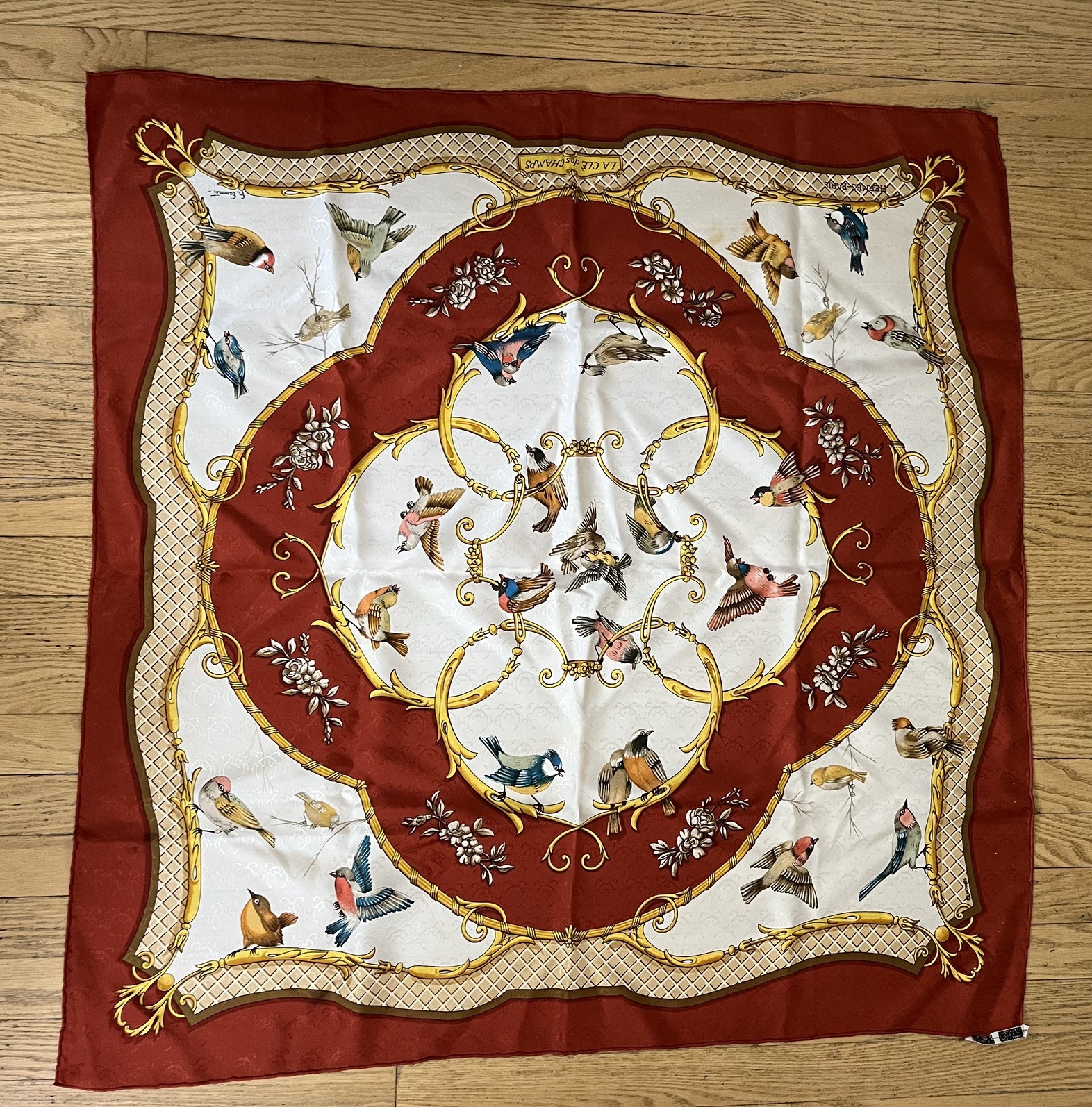 Vintage HERMES La Cle des Champs Silk Jacquard 90 Birds Faconnet