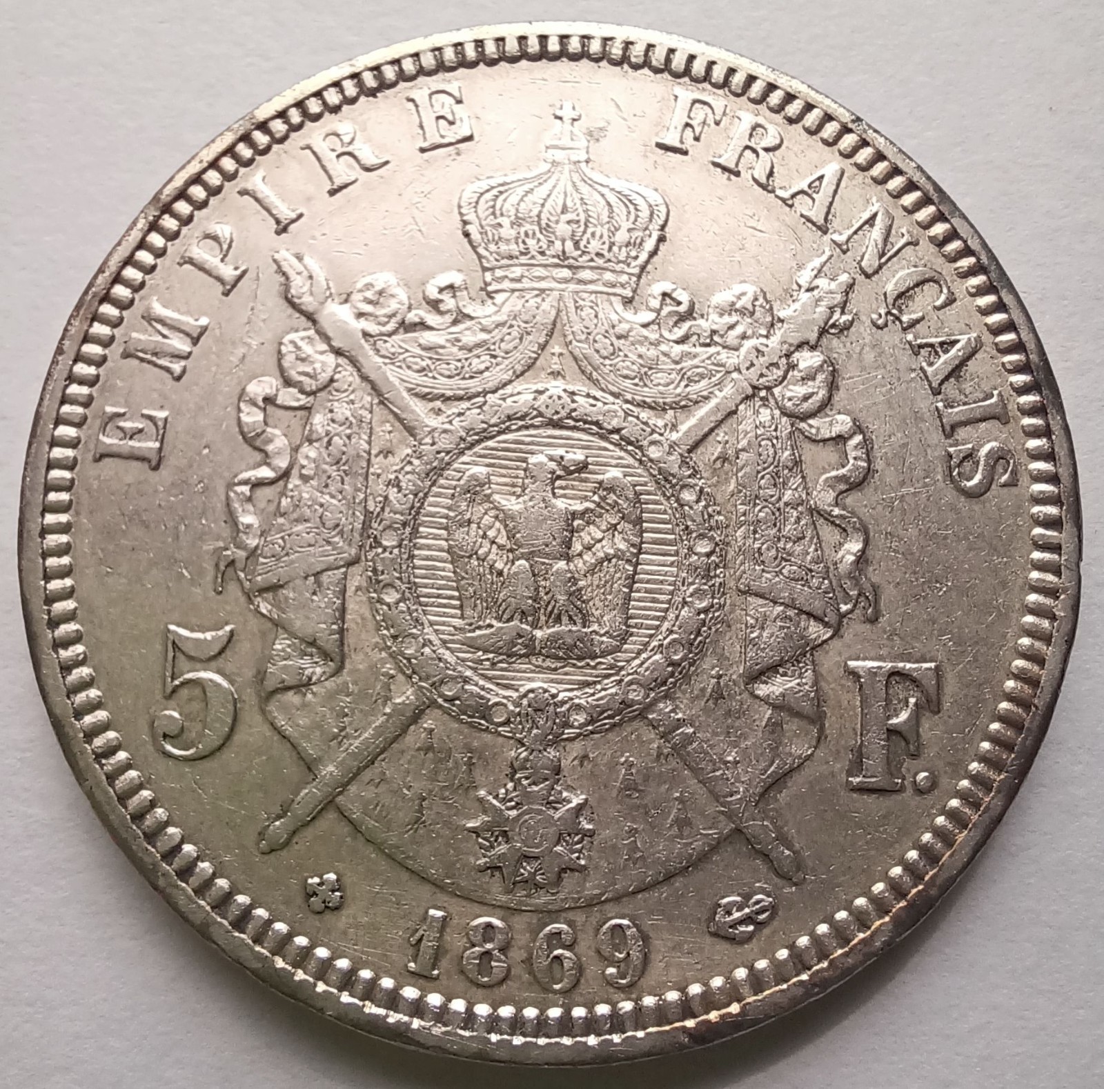 1869 BB France Napoleon III 5 Francs Strasbourg Silver Coin VF/XF Details