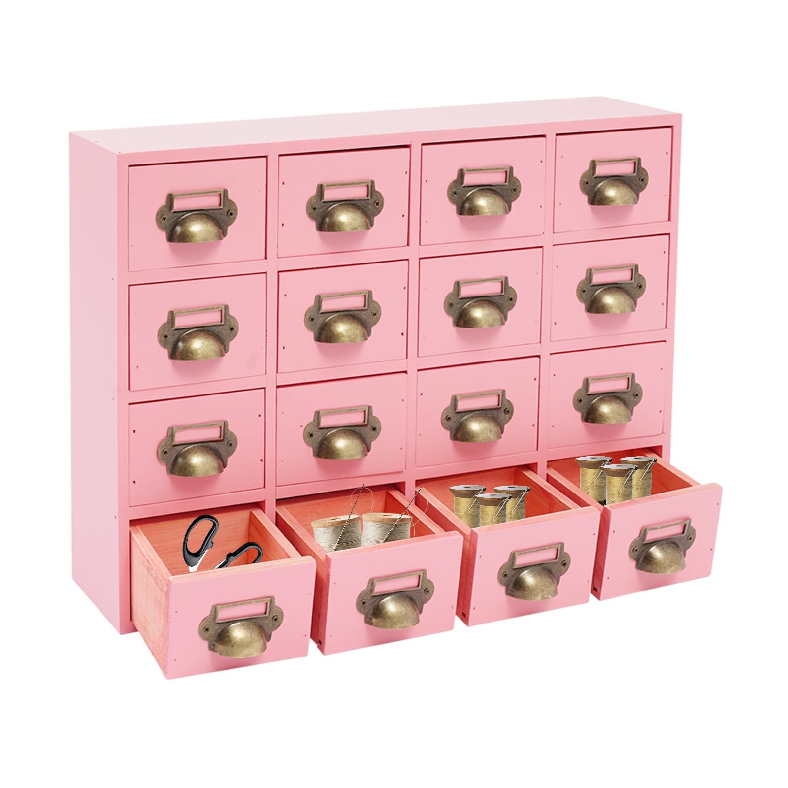 16-Drawers Wooden Apothecary Cabinet Tabletop Storage for Home Office Pink
