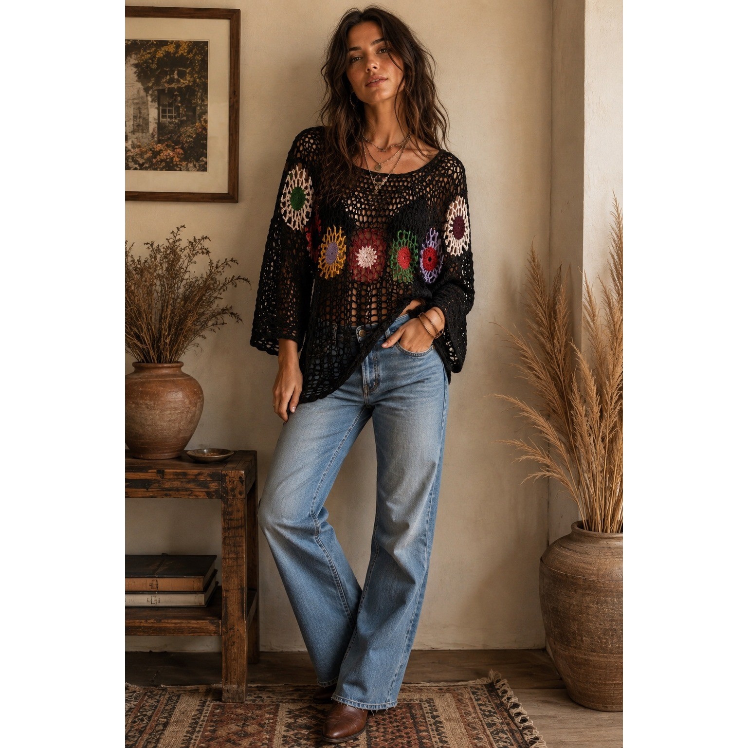 India Boutique Crochet Top Black Floral Indie Sleeze Boho Festival Layering O/S