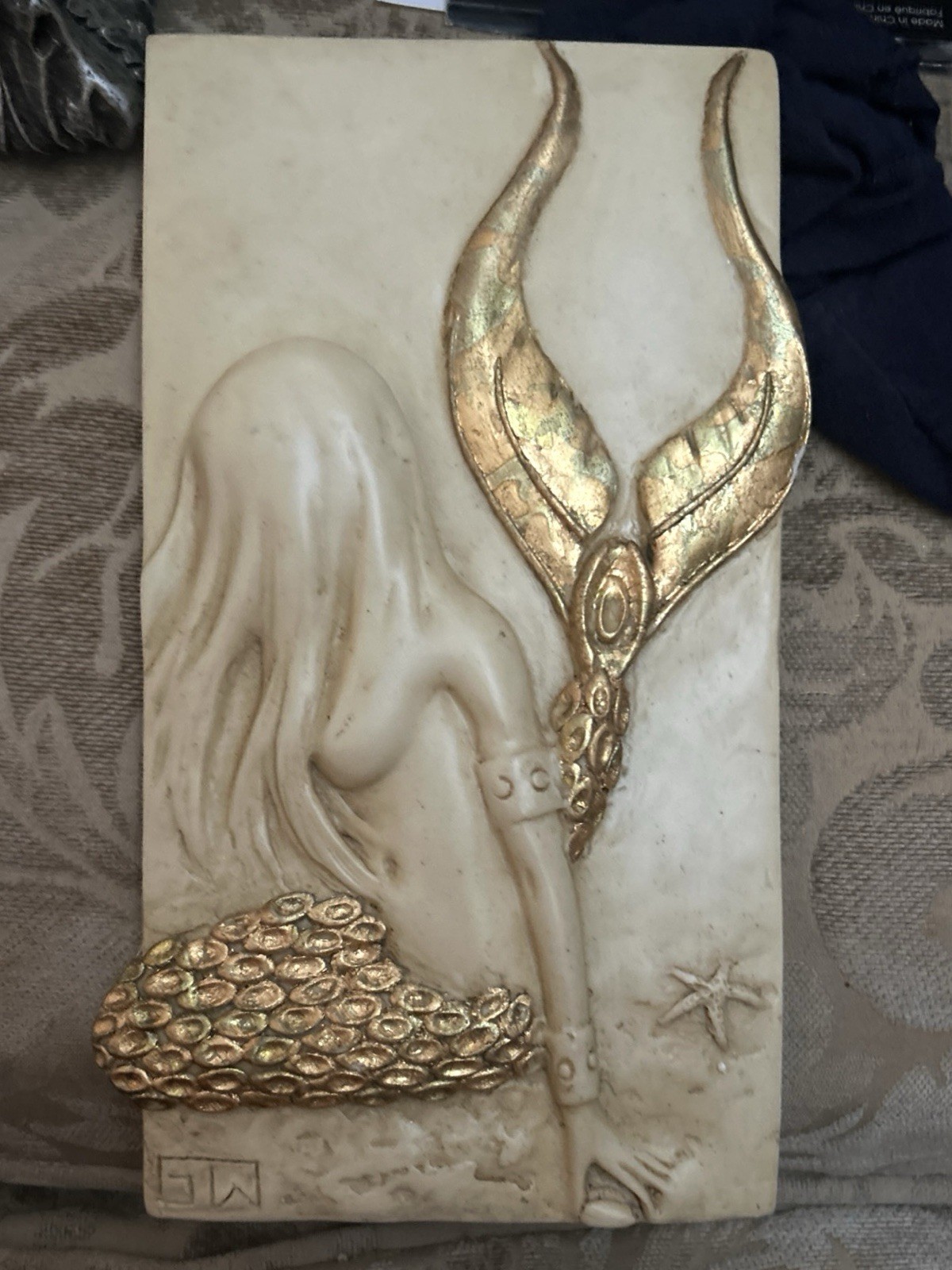 Vintage Mythical Sea Siren Mermaid Decor Plaster Plaque 3D Signed GW 10x5.5” Vintage Mythical Sea Siren Mermaid Decor Plaster Plaque 3D Signed GW 10x5.5”