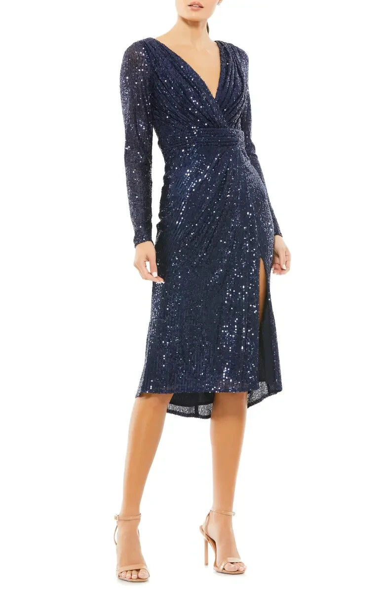 Mac Duggal Midnight Blue Long Sleeve Sequin Faux Wrap Dress Size 14 $358