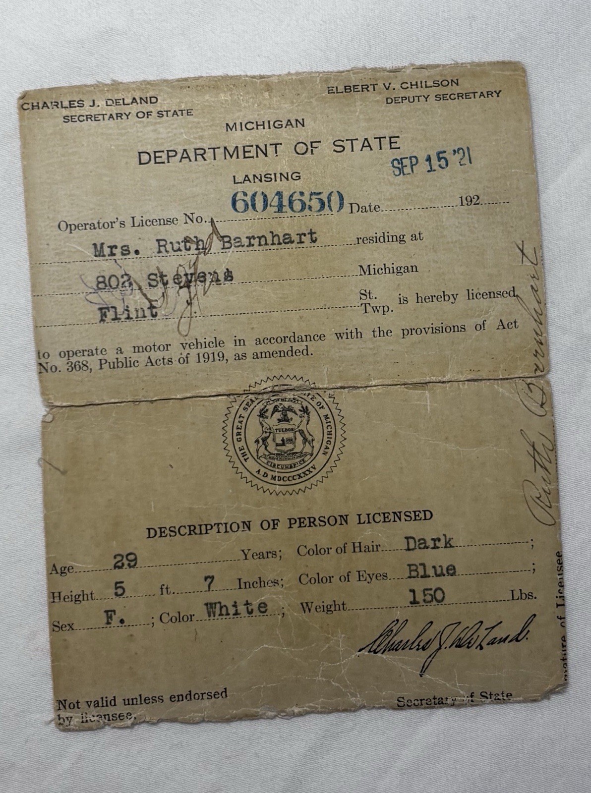 Antique 1921 Michigan Department Of State Operators License Antique 1921 Michigan Department Of State Operators License