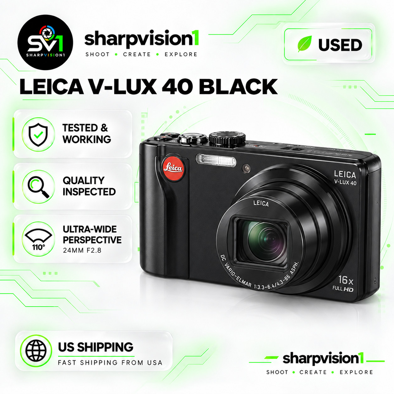 Leica V-Lux 40 Black 14MP 20x Zoom 24-480mm 1080p Compact Camera Excellent