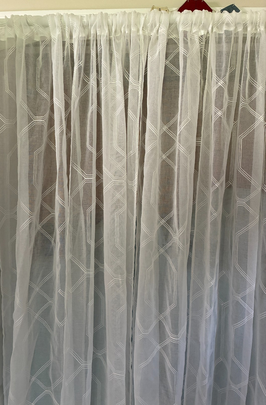 4 curtain panels white sheer geometric pattern 28 W x 84 L