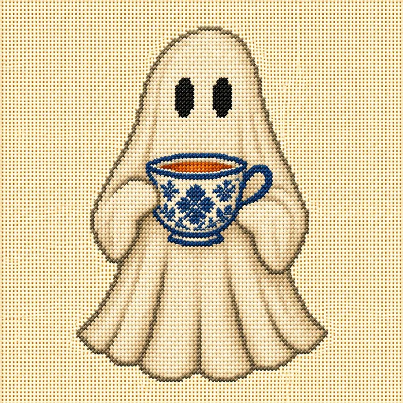 Ghost with Blue & White Teacup Needlepoint Canvas - Hand Painted 18 Mesh Ghost with Blue & White Teacup Needlepoint Canvas - Hand Painted 18 Mesh