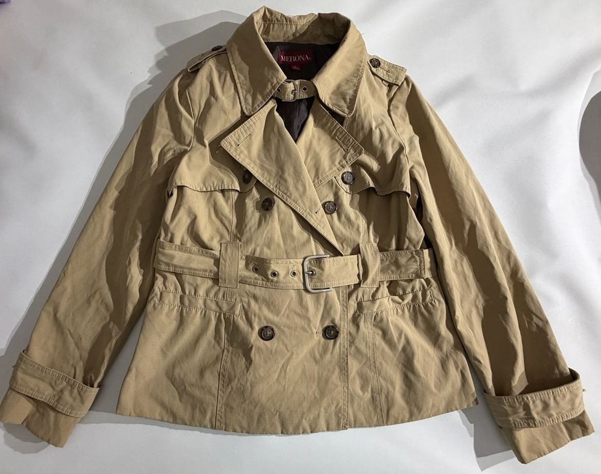 Merona Tan Beige Double Breasted Belted Trench Coat Jacket Womens L Merona Tan Beige Double Breasted Belted Trench Coat Jacket Womens L