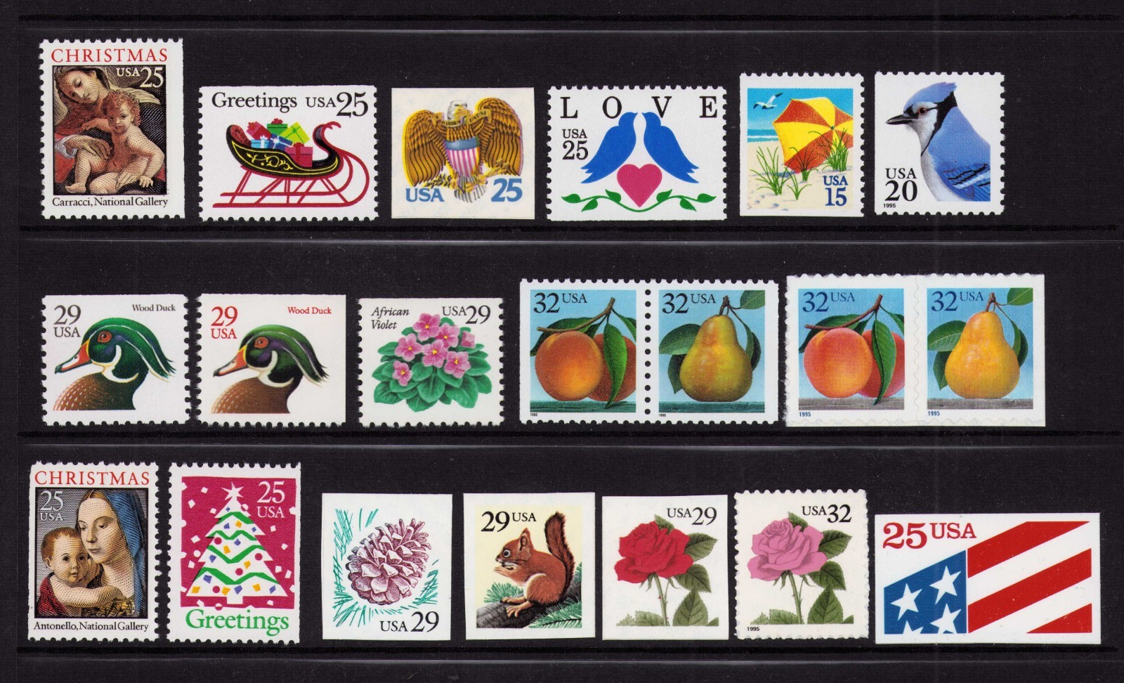 1989-1995 US Regular Issue Set of 20 Booklet Singles Christmas Flowers LOVE MNH