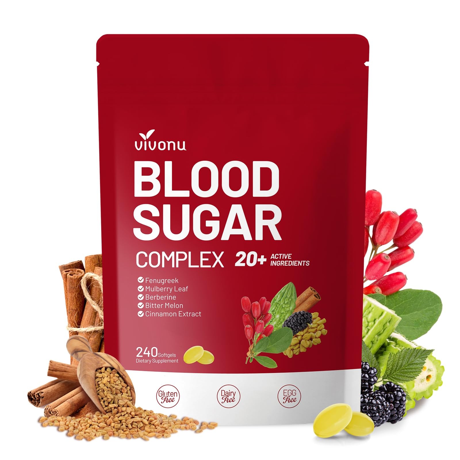 VivoNu Blood Sugar Complex 240 Softgels 20+Herbal Ingredients Metabolism Support