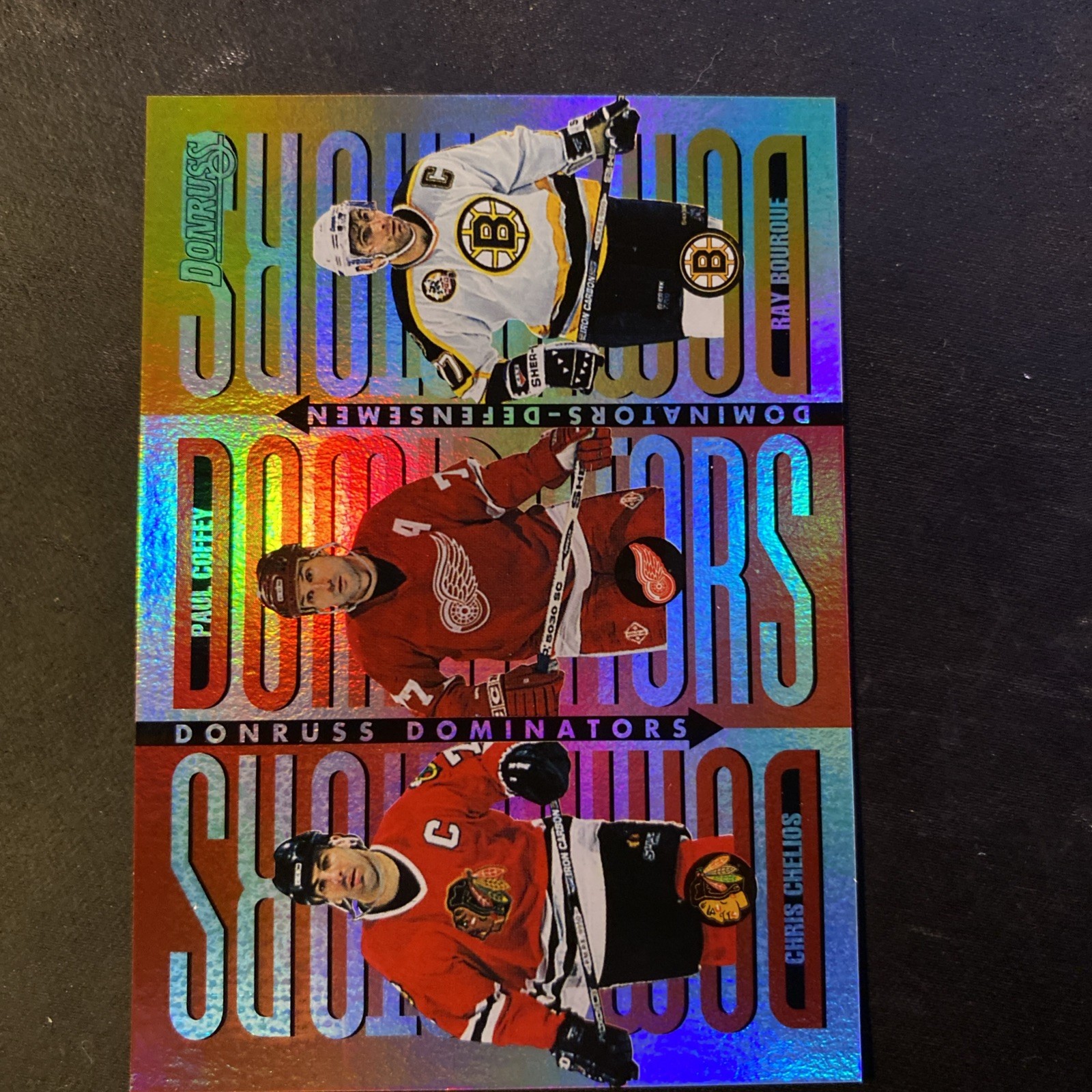 1996-97 Donruss - Dominators Ray Bourque, Paul Coffey, Chris Chelios #3 /5000 1996-97 Donruss - Dominators Ray Bourque, Paul Coffey, Chris Chelios #3 /5000