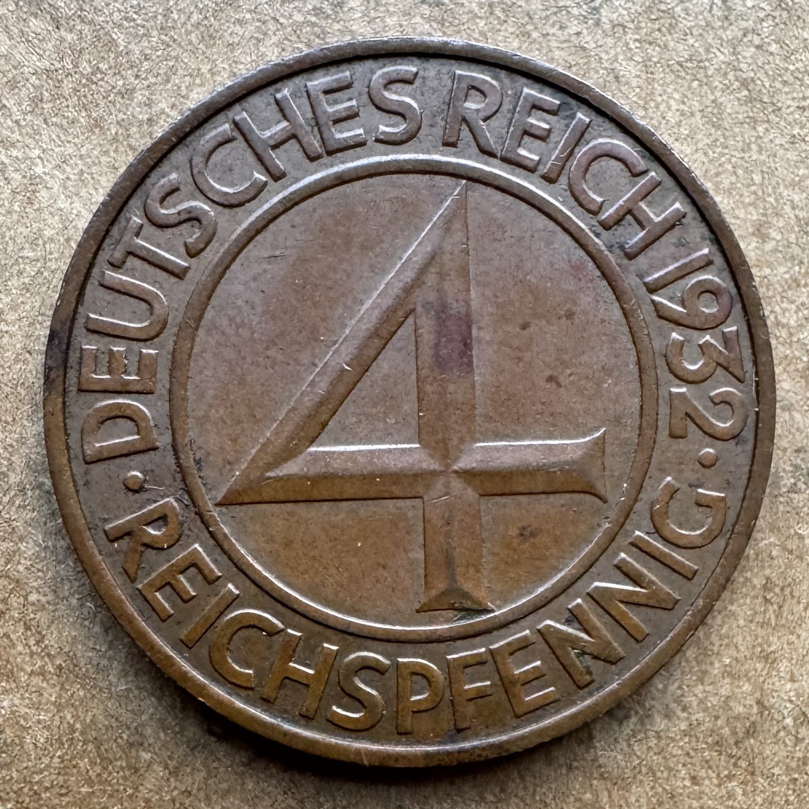GERMANY 1932-F 4 REICHSPFENNIG STUTTGART WEIMAR BRUNING TALER KM# 75 CHOICE XF