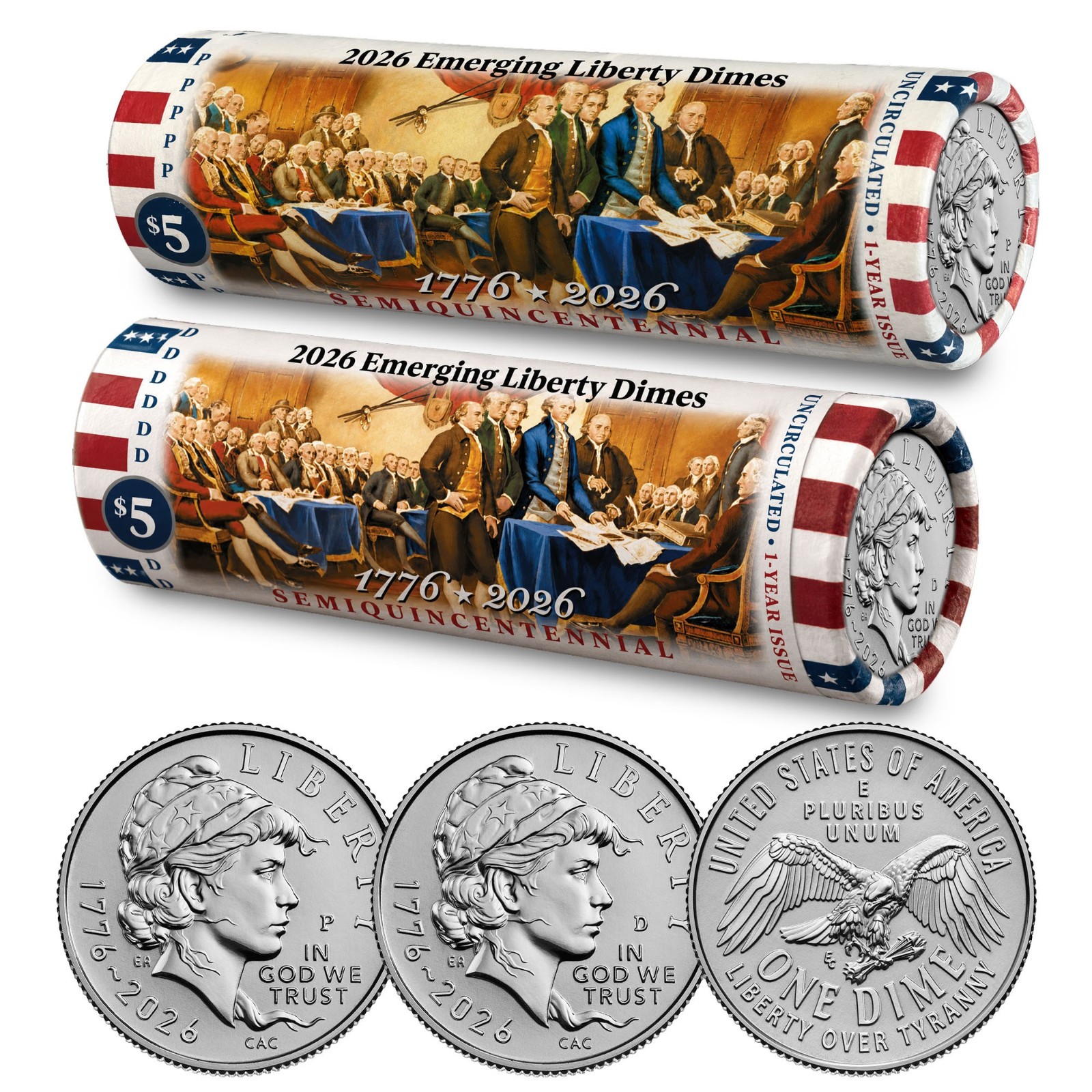 2026 P & D Emerging Liberty Dime DECLARATION Coin Rolls America 250 BU Set of 2