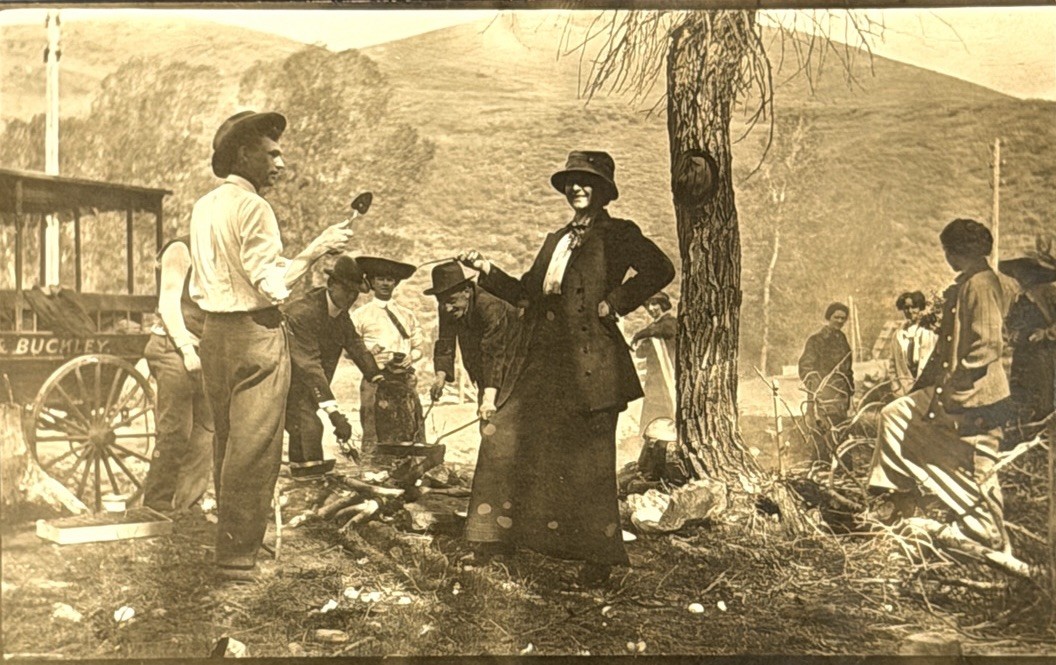 Antique RPPC Outdoor Camp Picnic Buckley Wagon Western Mountain Scene c1910