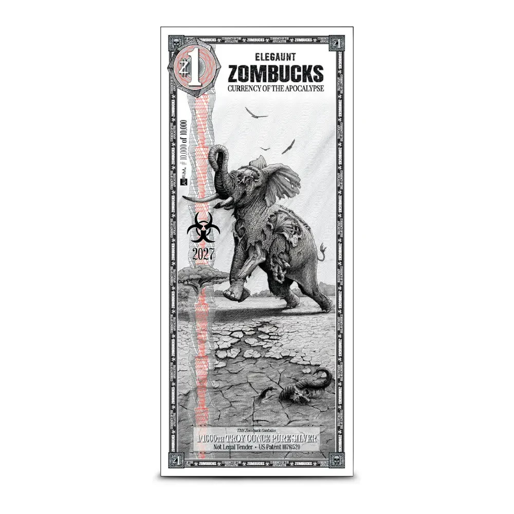 2027 ZOMBUCKS WORLD 1/1000 oz .999 SILVER NOTE ~ ELEGAUNT ~
