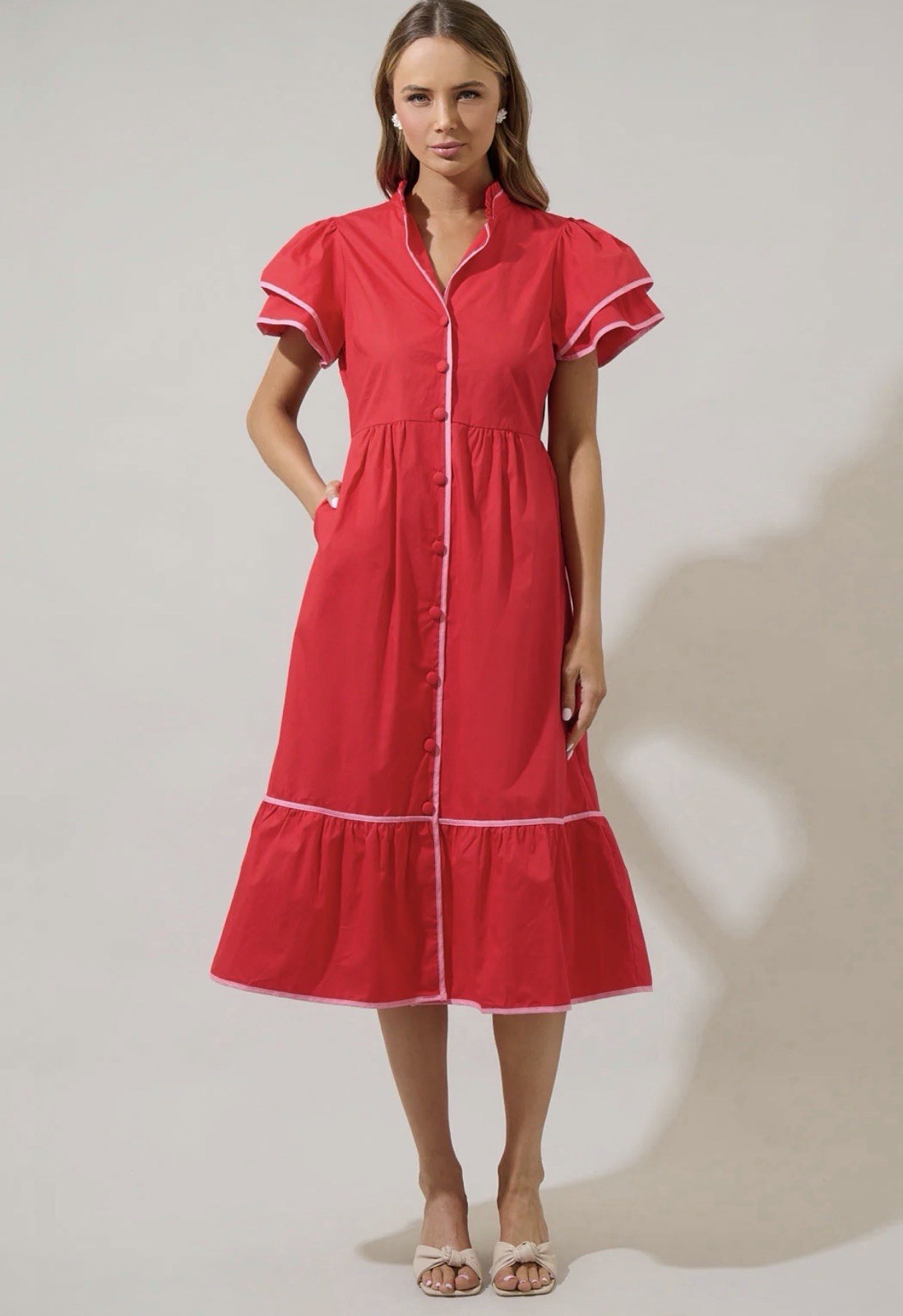 Sugarlips Women\'s Davie Button Down Midi Dress Red Pink Beach Pool Pockets Short
