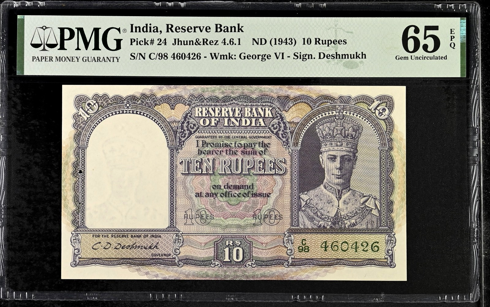 India: Reserve Bank 10 Rupees ND (1943) Pick 24 PMG Gem Unc. 65 EPQ. India: Reserve Bank 10 Rupees ND (1943) Pick 24 PMG Gem Unc. 65 EPQ.