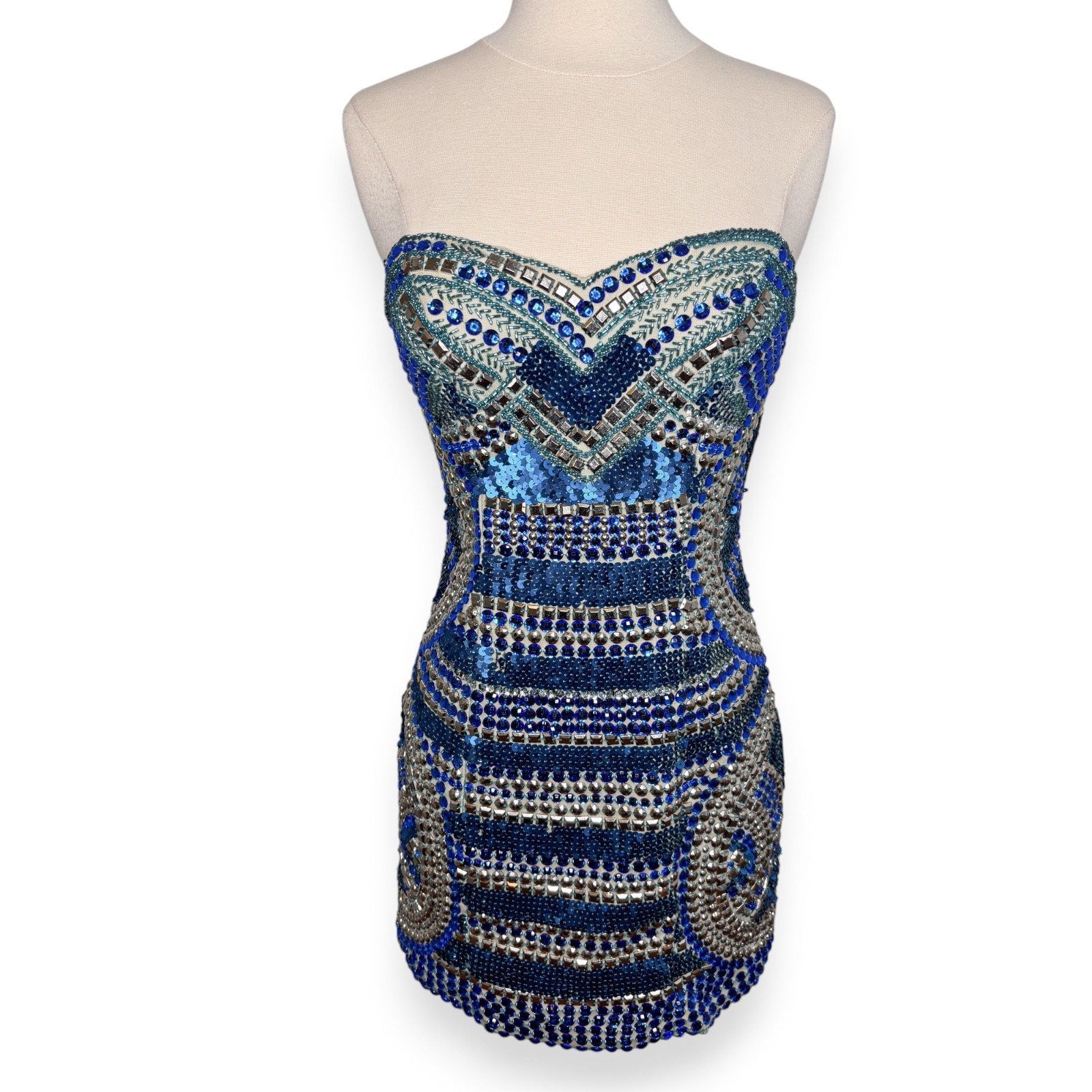 Jovani Blue Jewel Rhinestone Embellished Beaded Lined Mini Dress Size 2