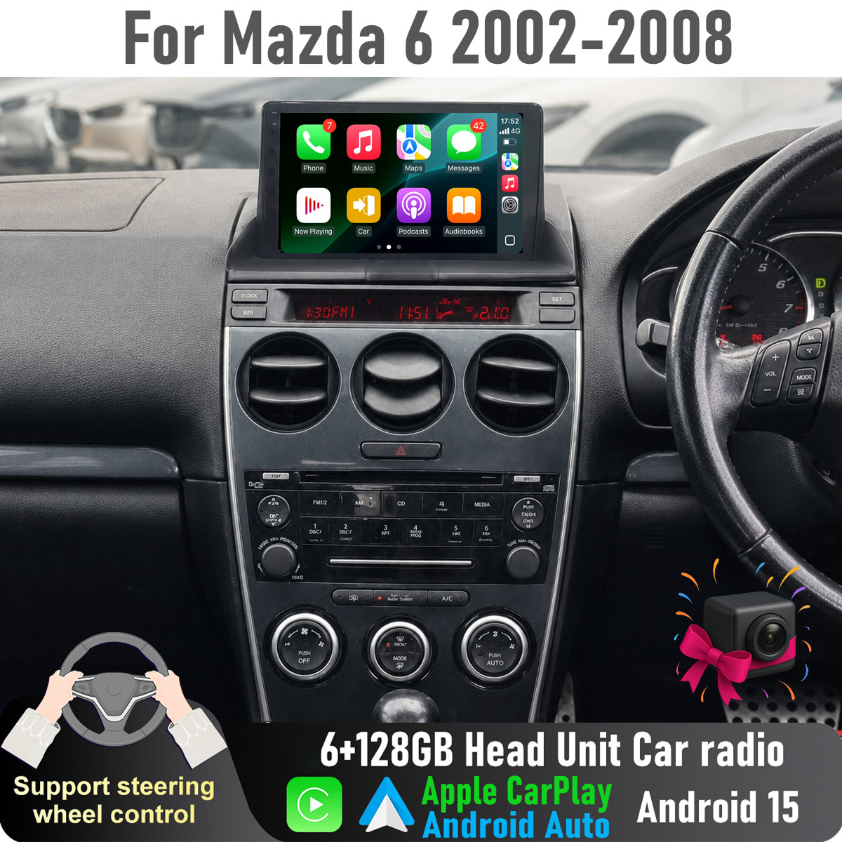 9\'\' Apple CarPlay Android Auto 6+128GB Head Unit radio For Mazda 6 2002-2008