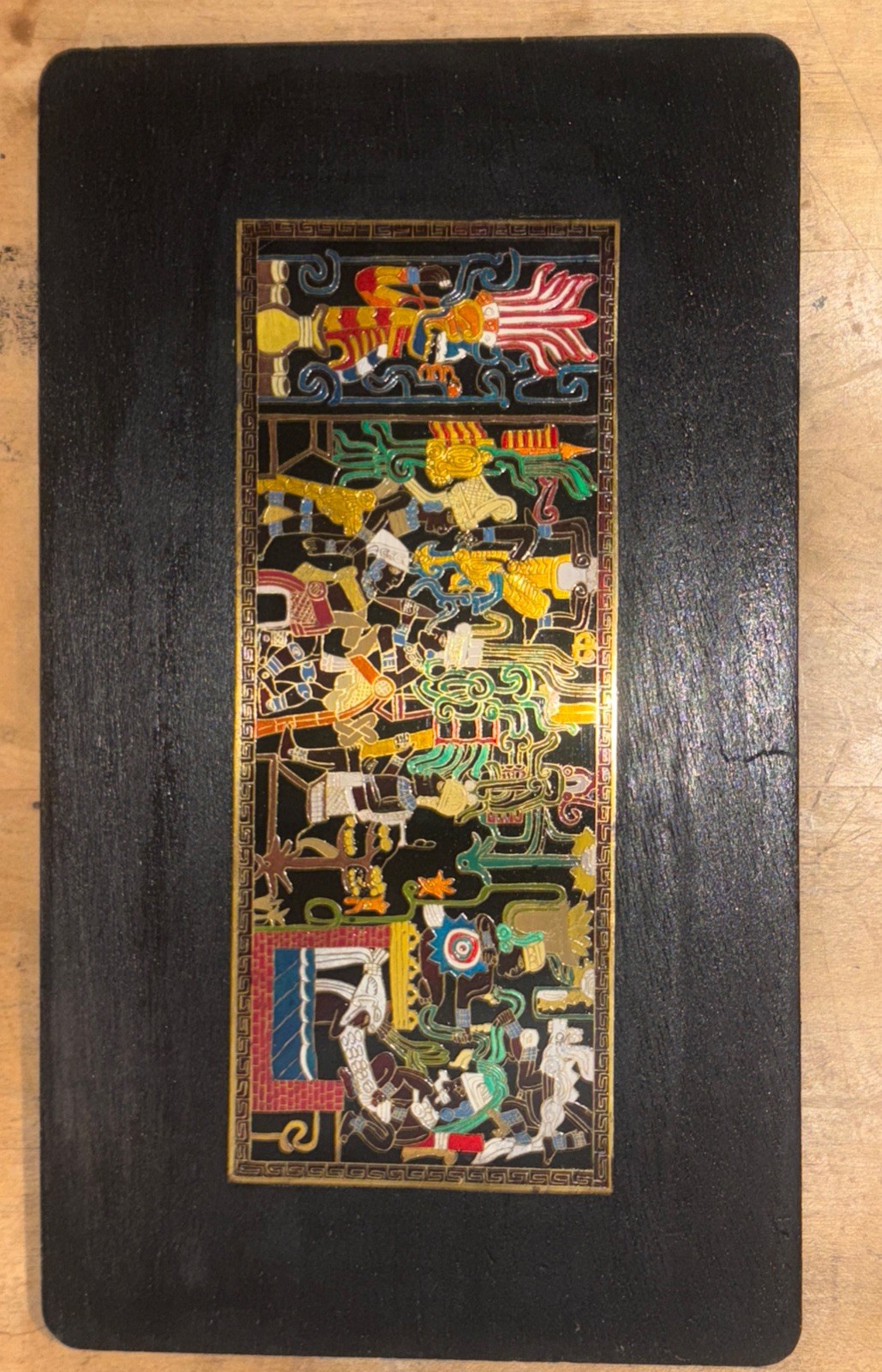 Vintage Mexican Mmm Brass Enamel Mayan Aztec Wall Plaque Mounted on Wood 8x13 In Vintage Mexican Mmm Brass Enamel Mayan Aztec Wall Plaque Mounted on Wood 8x13 In