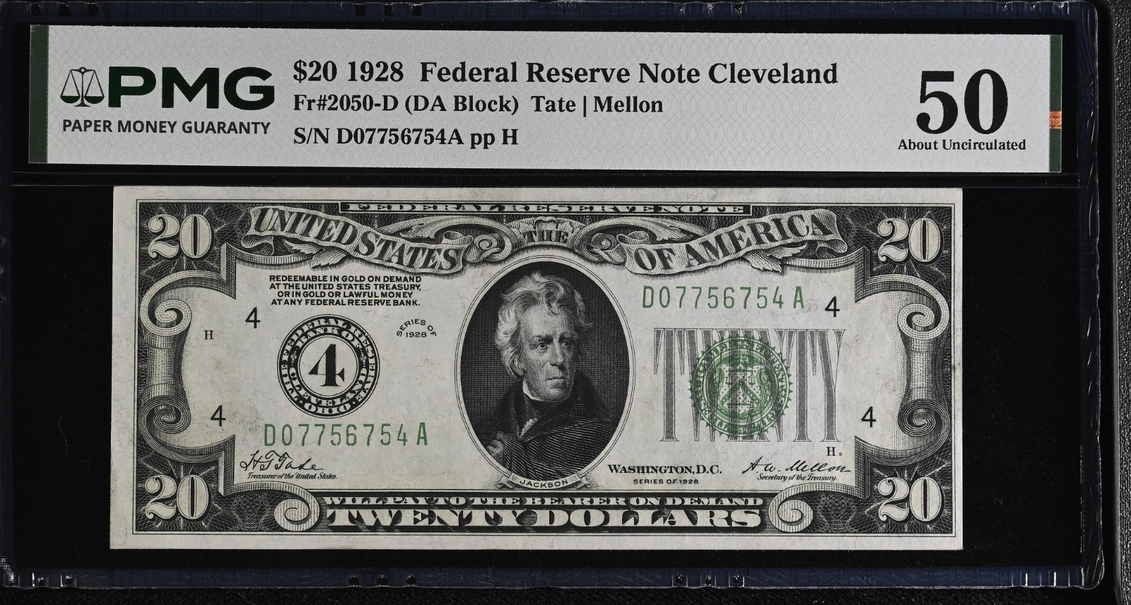 1928 $20 Dollar Federal Reserve Note Cleveland FR#2050-D PMG 50