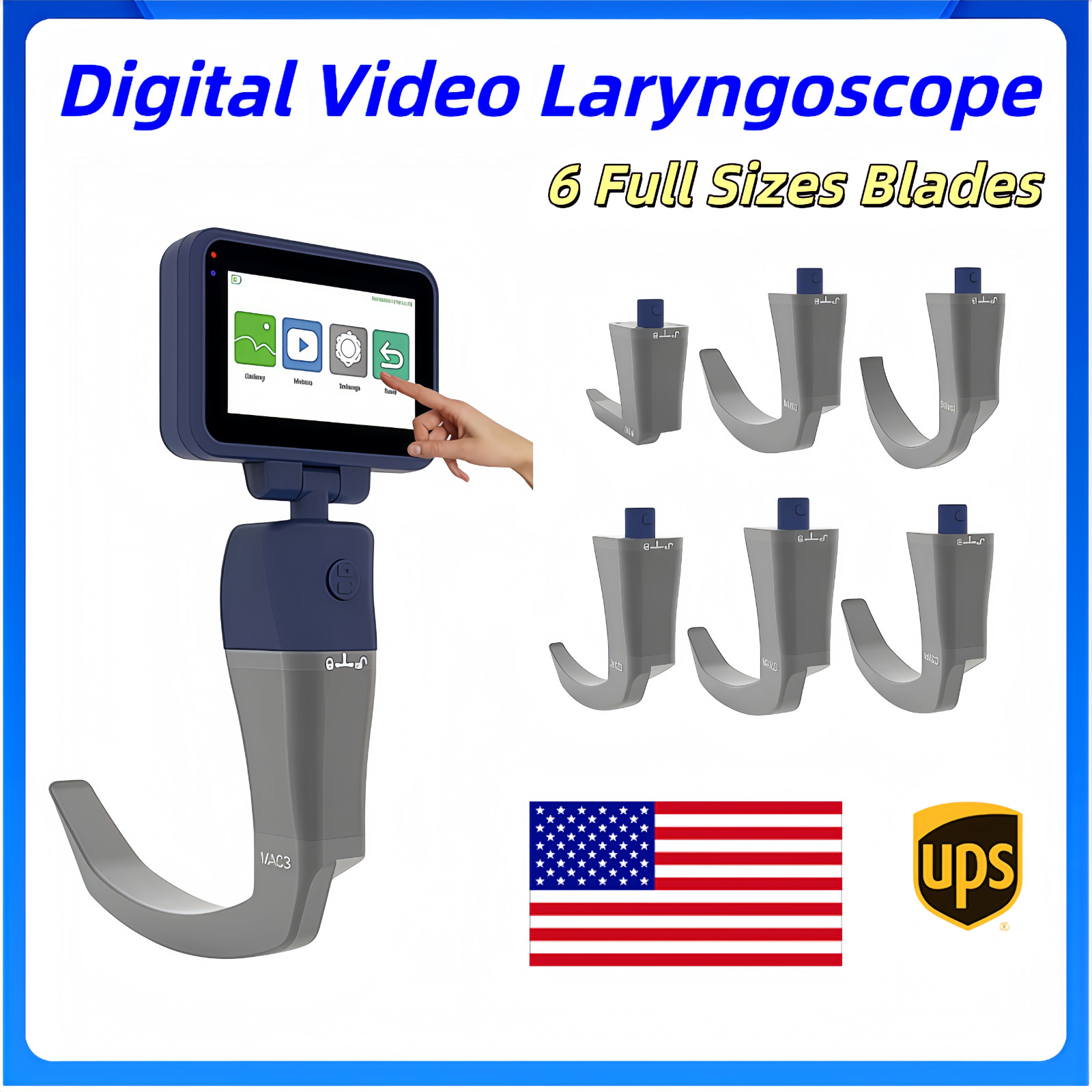 3.5 inch Video Laryngoscope, 6 Full Sizes Blades， Reusable Sterilizable Blades