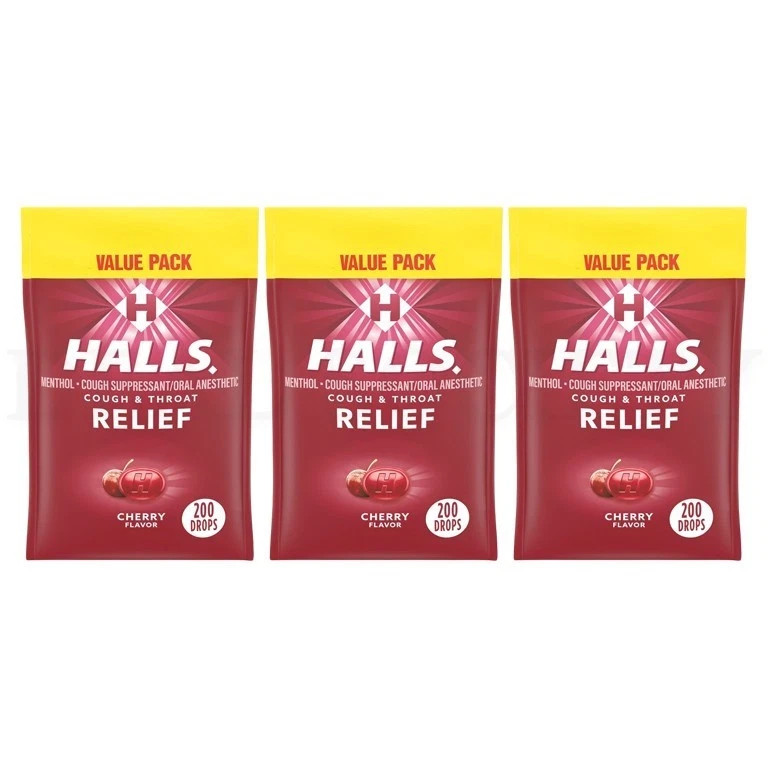 HALLS Cough and Throat Relief Cherry Cough Drops Value Pack 200 Count Lot of 3
