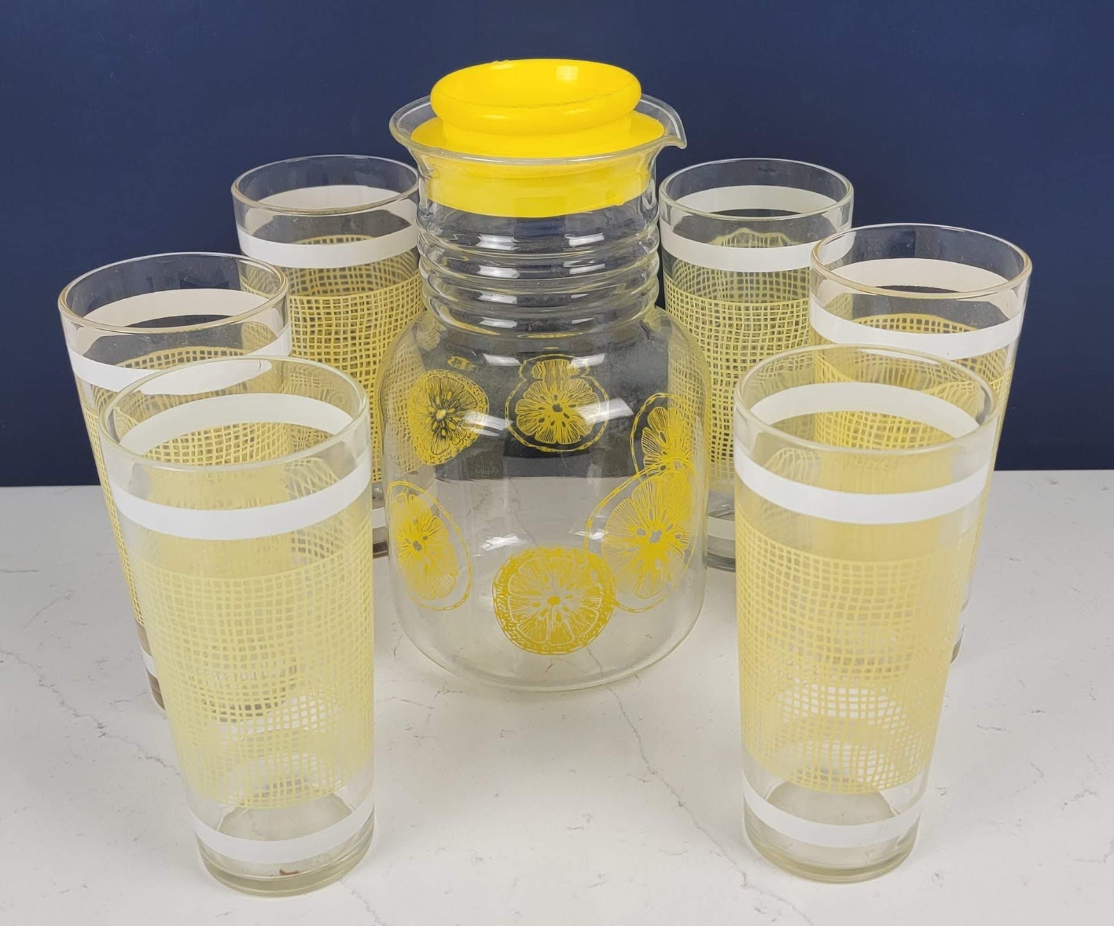 Vintage Pyrex 3515 Lemonade Pitcher 6 Glasses Yellow White MCM Citrus Set