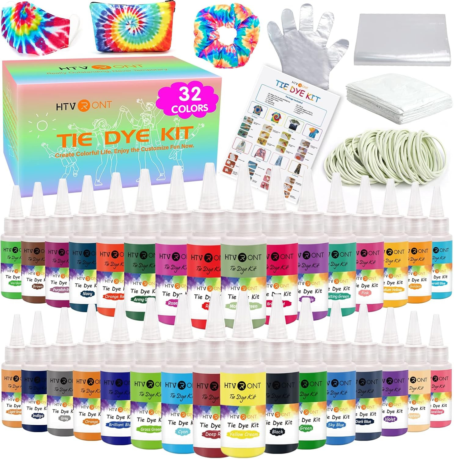 HTVRONT Tie Dye Kit - 32 Vibrant Colors Pre-Filled Bottles Tyedyedye Kit, Perman