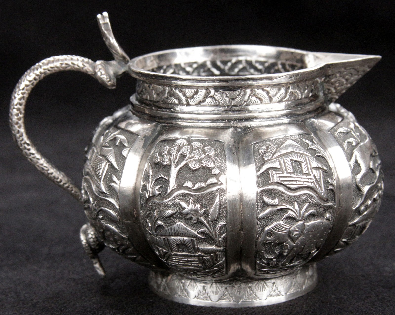Antique Anglo Indian Chased Repoussé Sterling Silver Creamer India Teatime Old Antique Anglo Indian Chased Repoussé Sterling Silver Creamer India Teatime Old