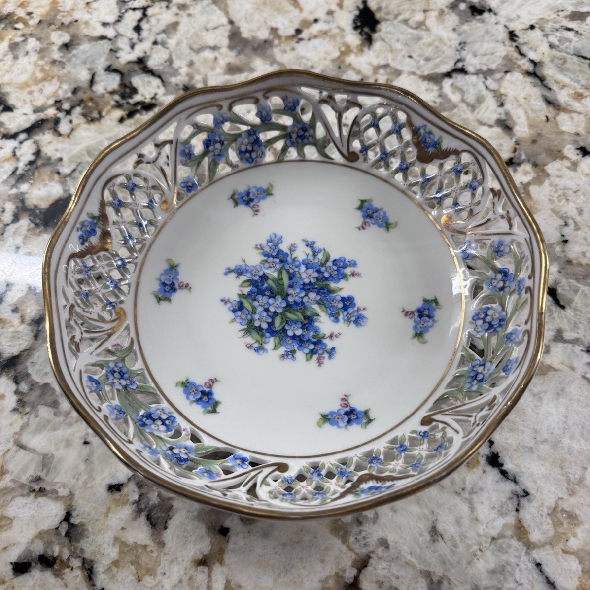 Schumann Arzberg Forget Me Not Chalet Germany Pierced Porcelain Plate Gold  7.5”