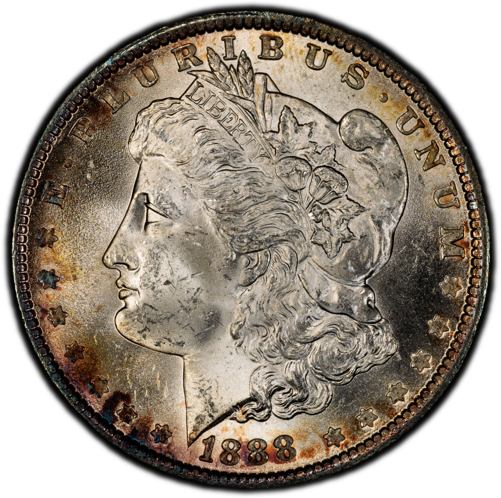 1888-P PCGS MS64 Morgan Silver Dollar w/ Colorful Rim Toning & Terrific Luster 1888-P PCGS MS64 Morgan Silver Dollar w/ Colorful Rim Toning & Terrific Luster
