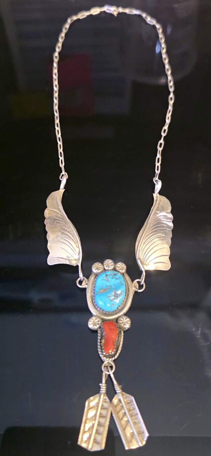 Vintage Navajo Arnold Maloney Sterling Silver Turquoise Coral Winged Necklace 16