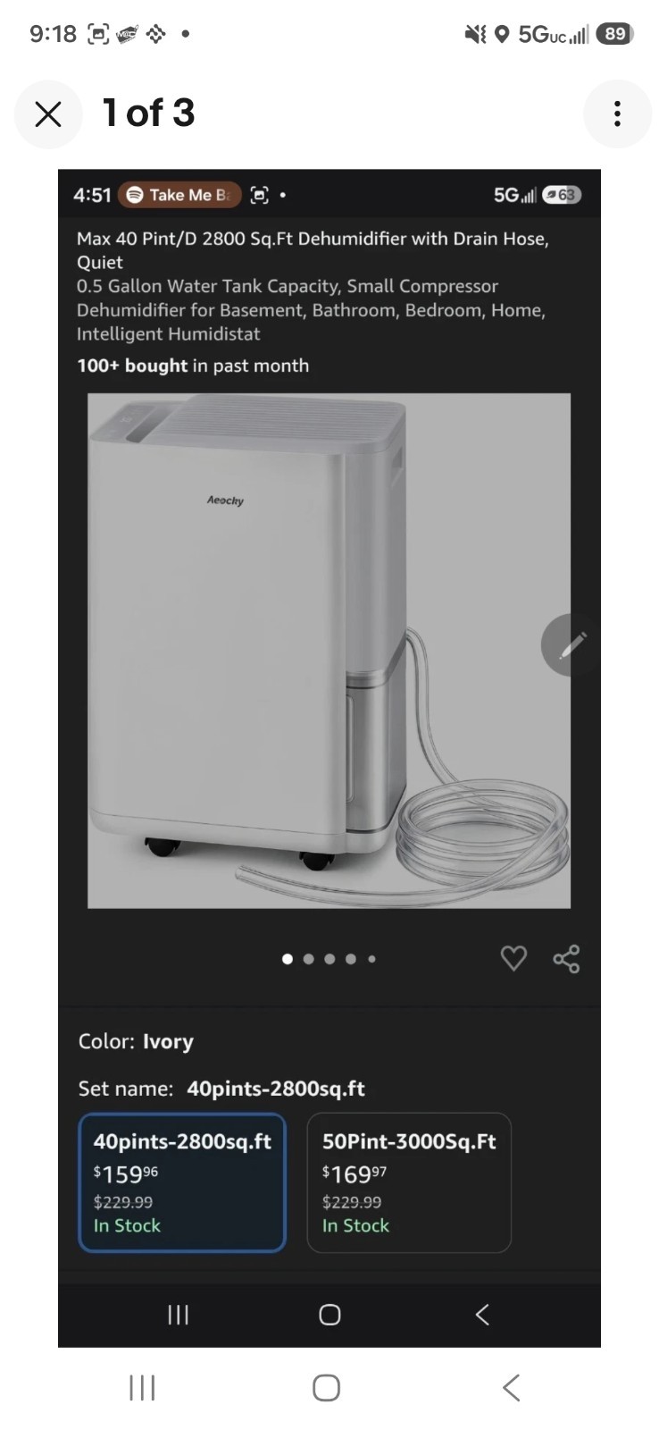Aeocky Max 40 Pt Dehumidifier 2800 sq ft w/ Drain Hose, Ivory (Model Arion-001)