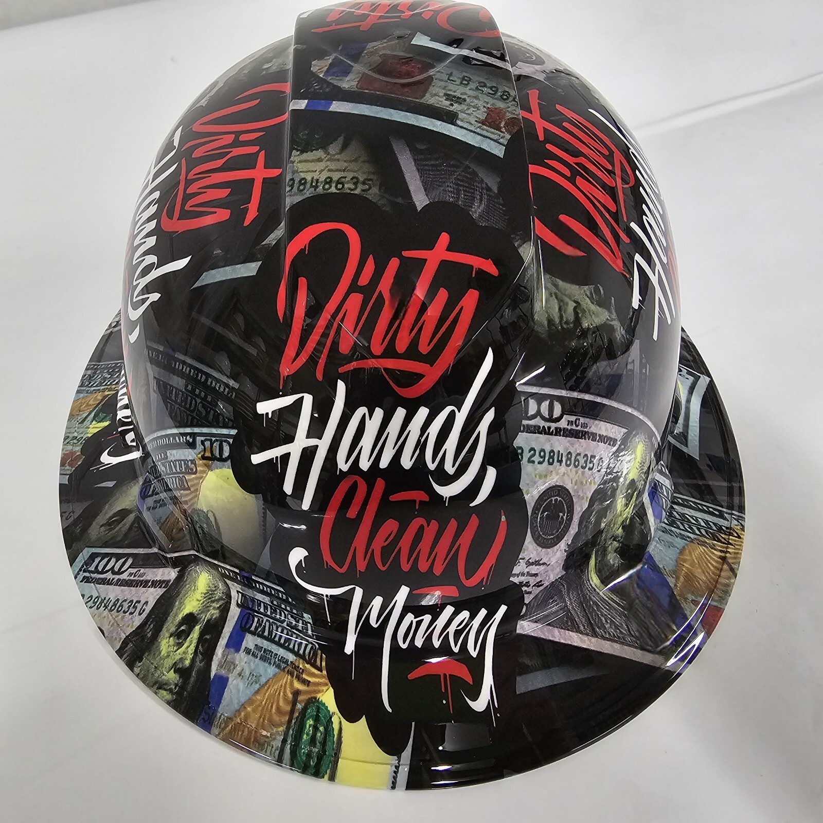 full brim hard hat custom hydro dipped IN DIRTY HANDS CLEAN MONEY NEW full brim hard hat custom hydro dipped IN DIRTY HANDS CLEAN MONEY NEW