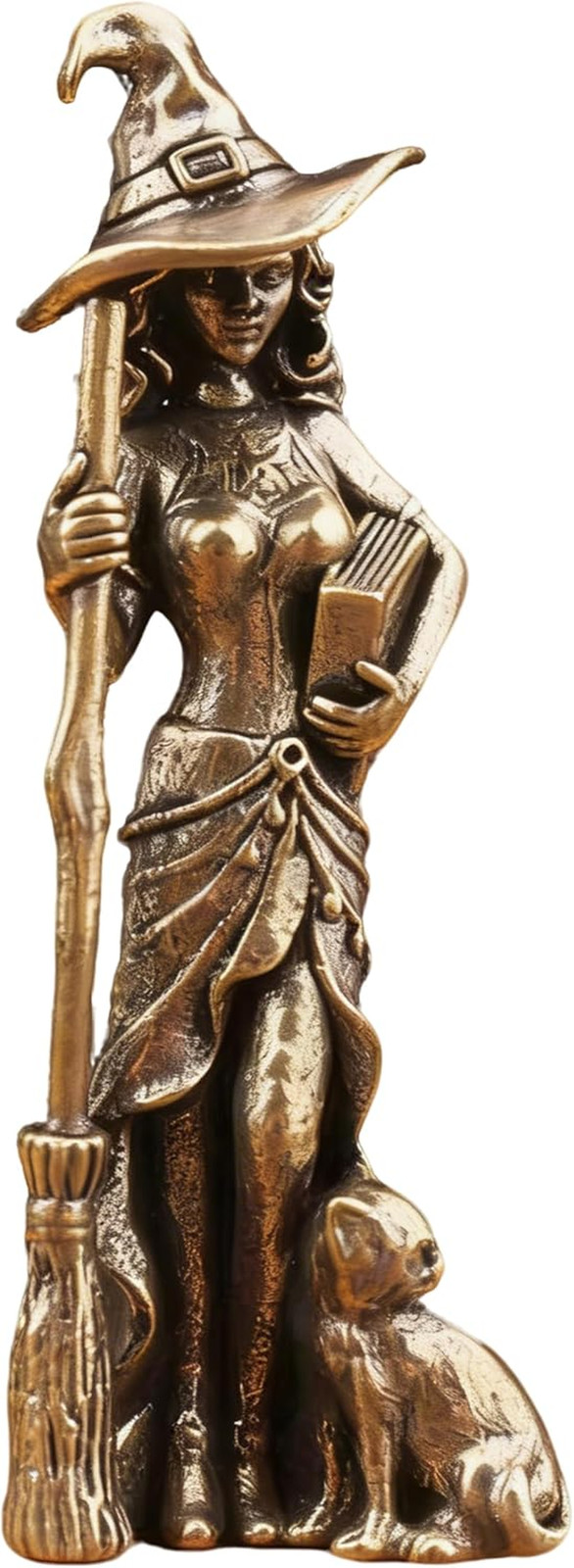 Brass Witch Statue with Cat, 2.48×0.94 Inches Vintage Metal Witch Figurine, Hall