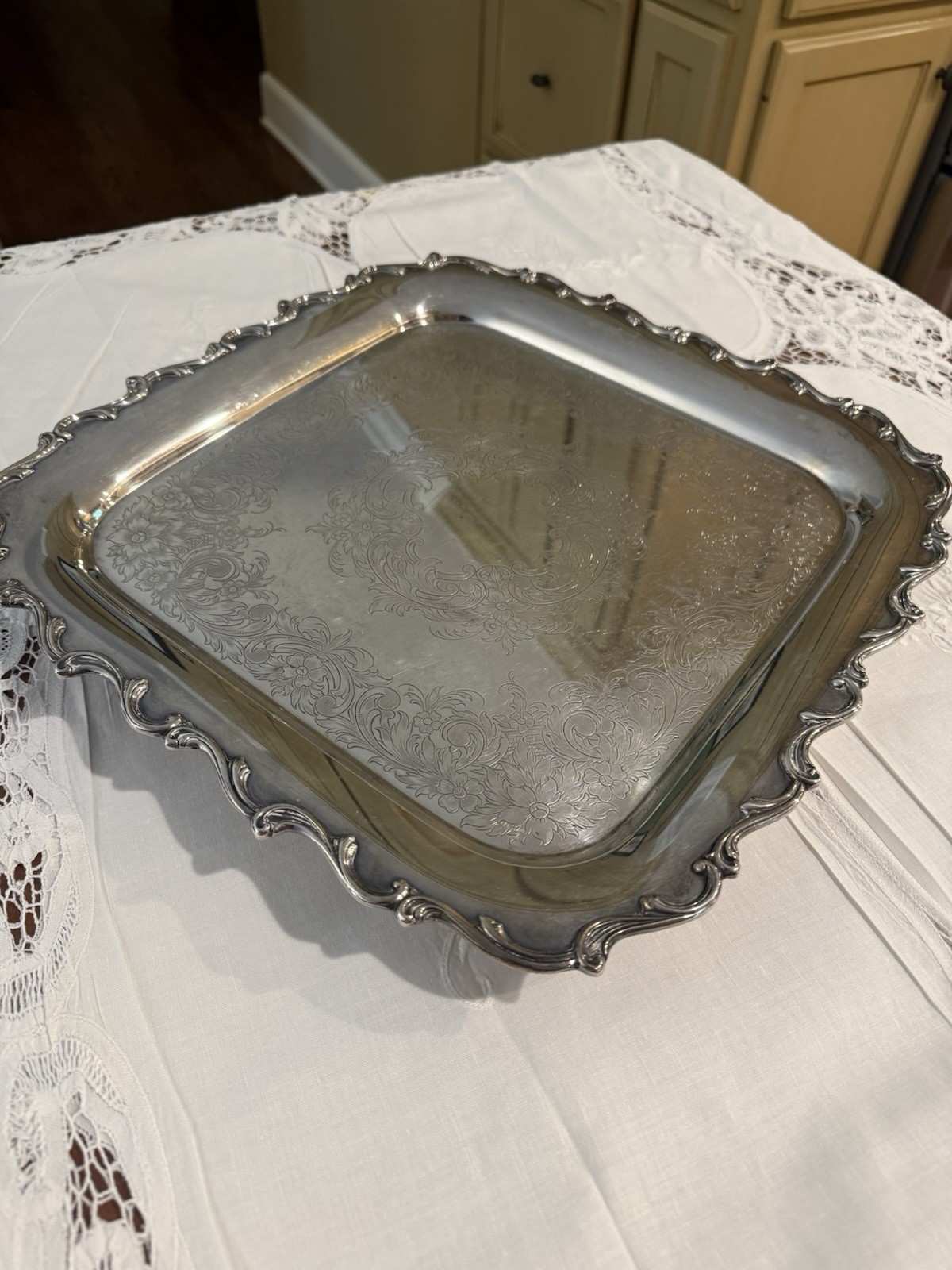 Vintage Heavy Silverplate Footed Serving Tray 15” Square Ornate Engraved 7 Lbs