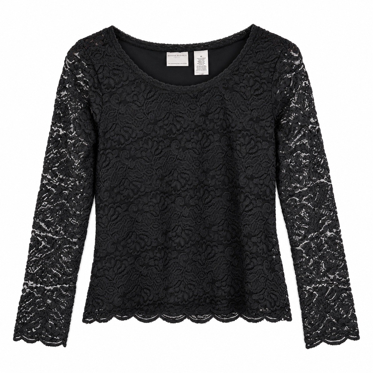 Vintage 90s Y2K Top M Lace Sheer Stretchy Long Sleeve Whimisgoth Romantic Black