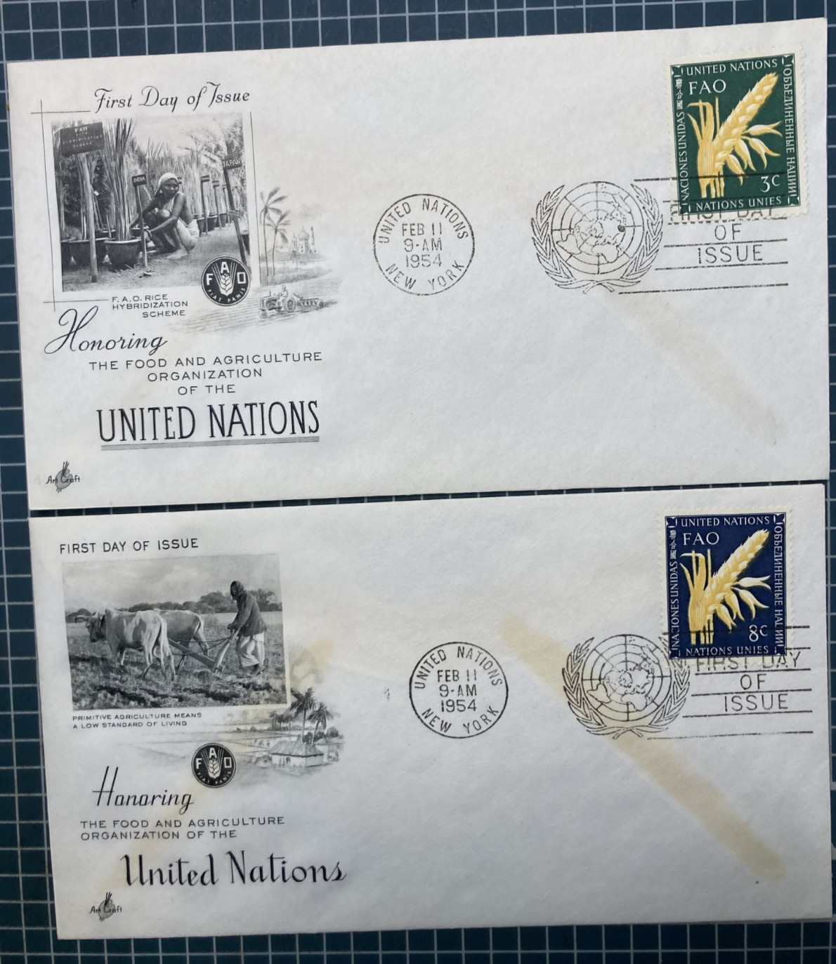 1954 United Nations FAO First Day Covers Pair ArtCraft Cachet Unaddressed Set 2